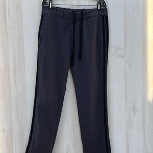 James Perse black and gray twill pants, tuxedo stripe, zip ankle, cotton, wool